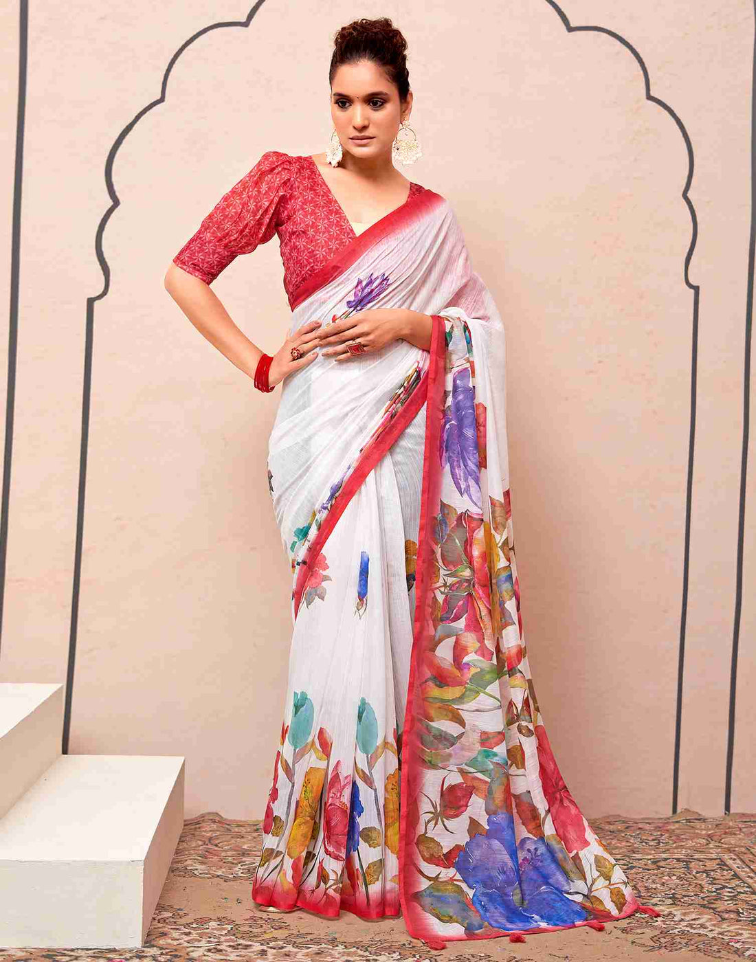 White Cotton Printed Saree