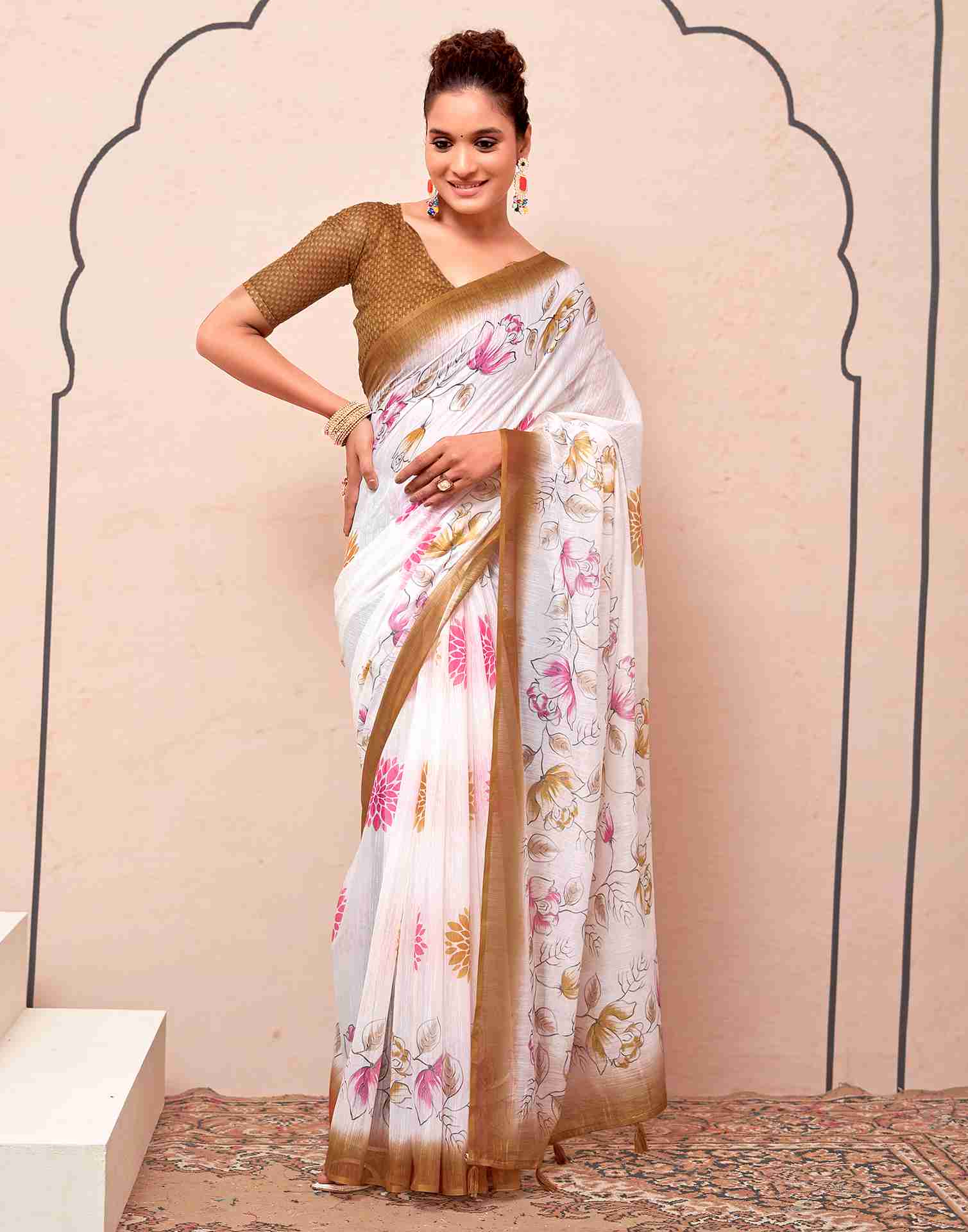 White Cotton Printed Saree