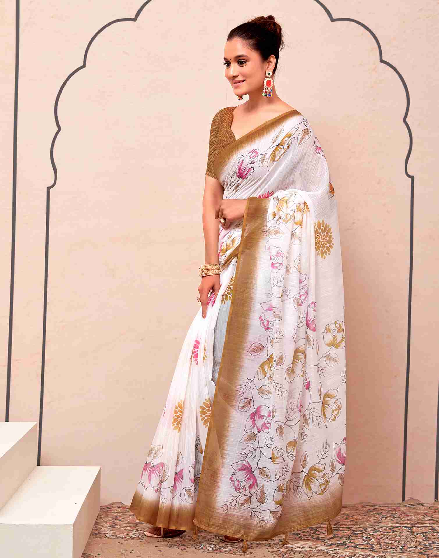 White Cotton Printed Saree