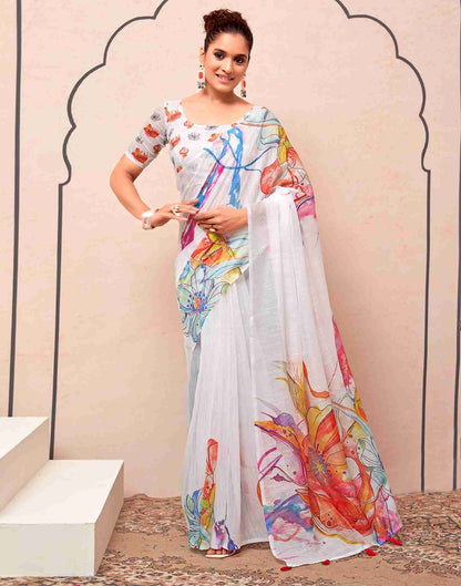 White Cotton Printed Saree