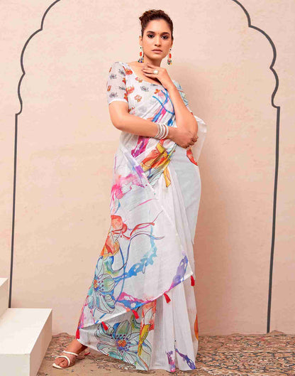 White Cotton Printed Saree