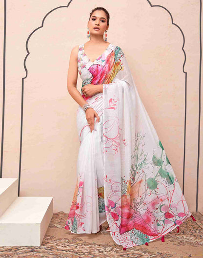 White Cotton Printed Saree