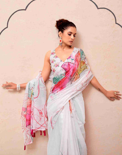 White Cotton Printed Saree