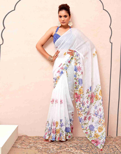 White Cotton Printed Saree