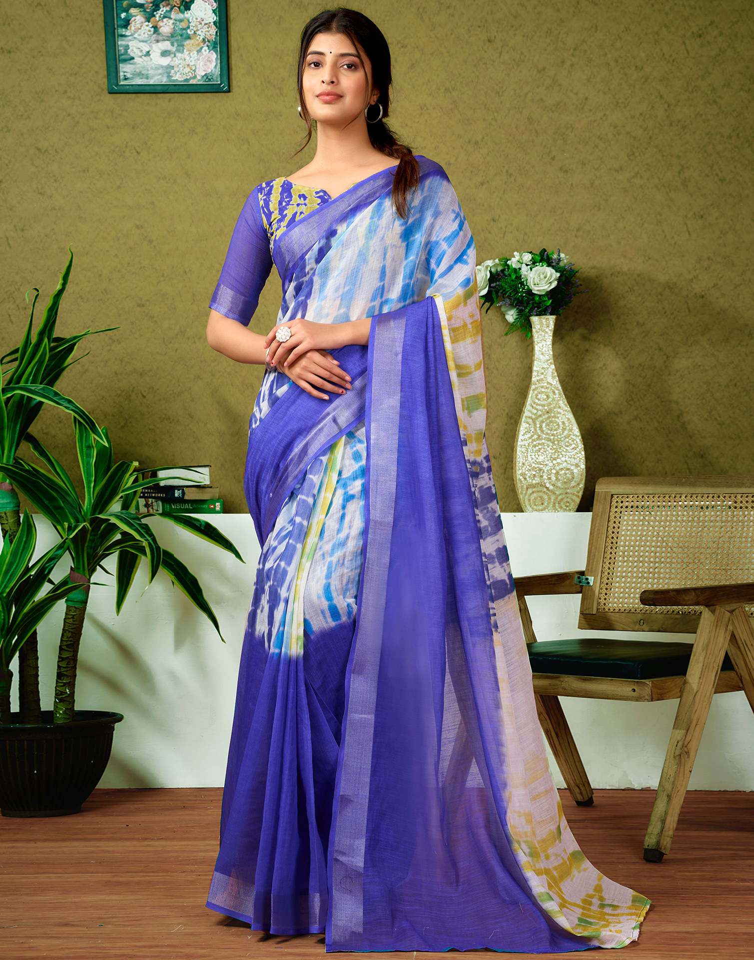 Ready To Wear Dark Blue Printed Linen Saree