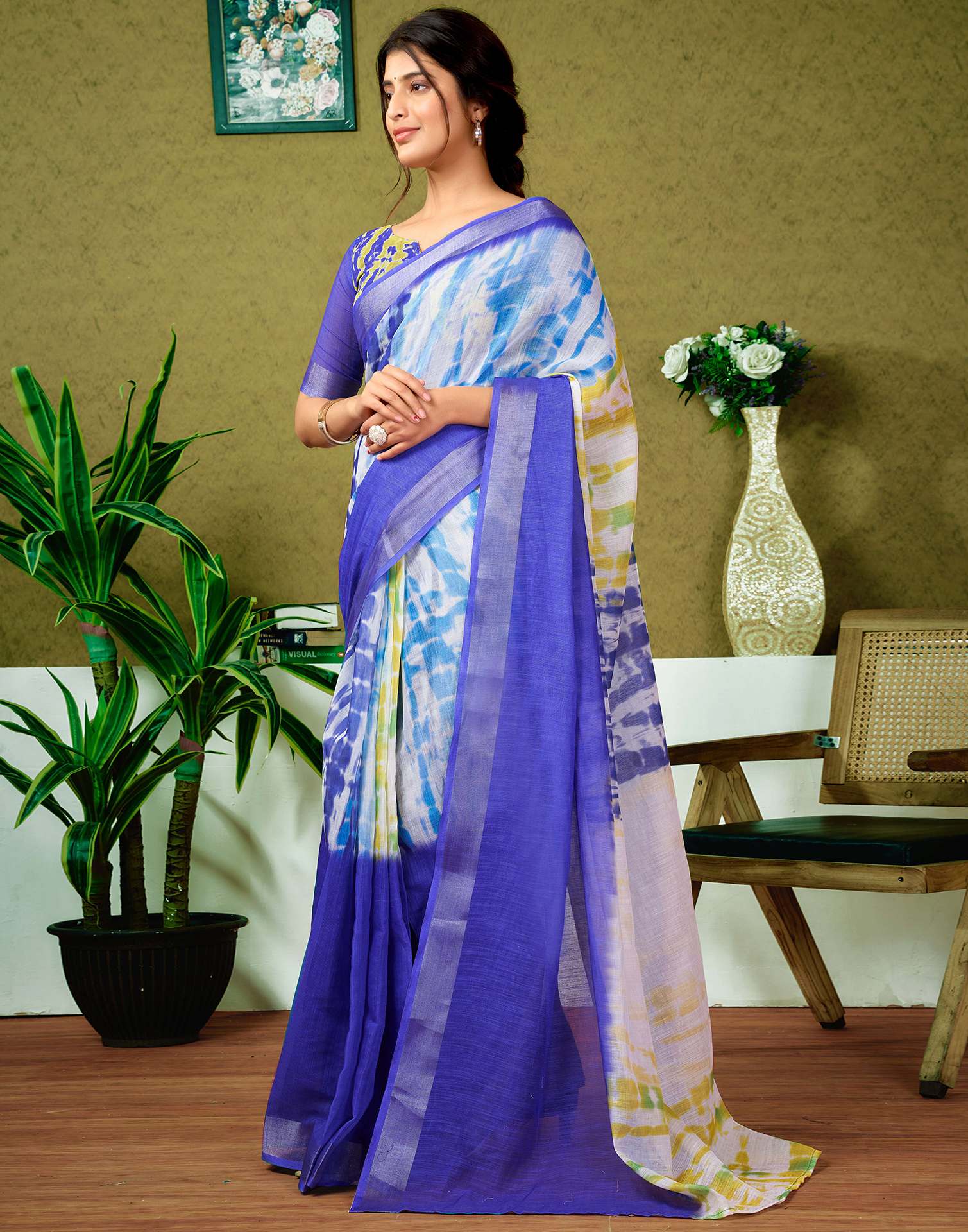 Ready To Wear Dark Blue Printed Linen Saree