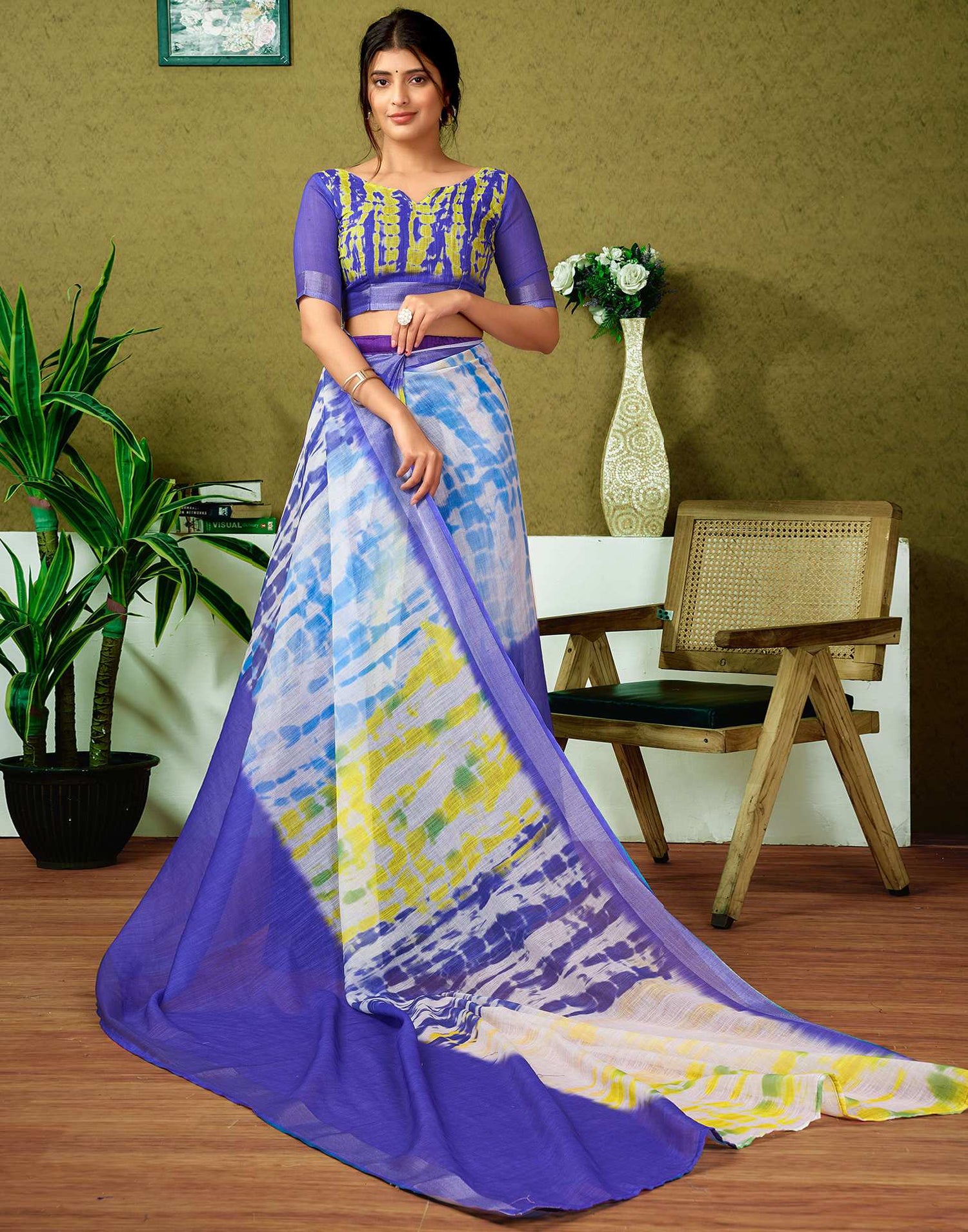 Ready To Wear Dark Blue Printed Linen Saree