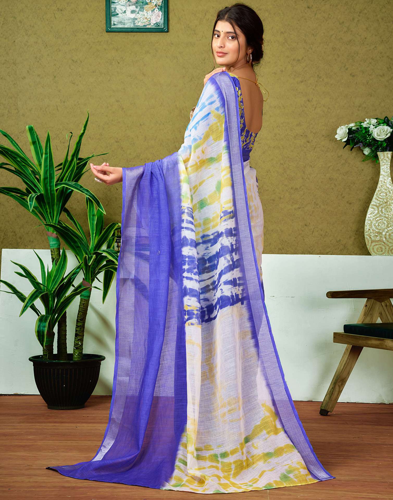 Ready To Wear Dark Blue Printed Linen Saree