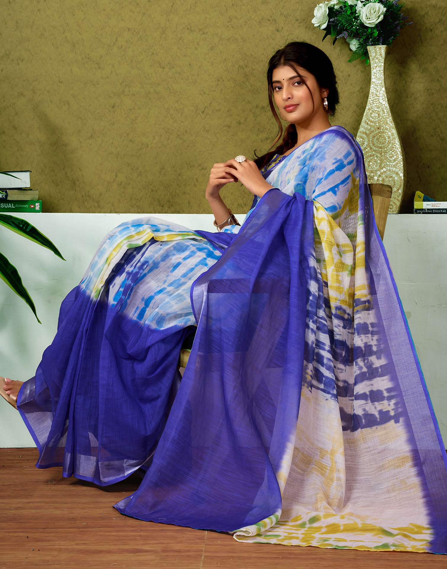 Ready To Wear Dark Blue Printed Linen Saree