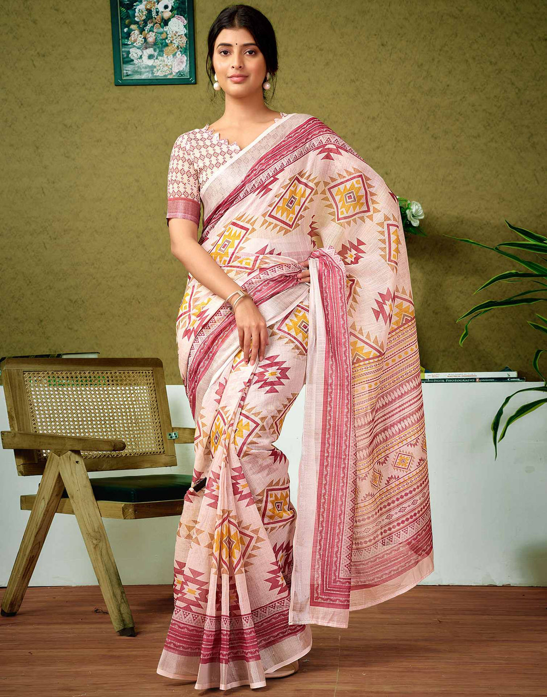 Ready To Wear Off White Printed Linen Saree