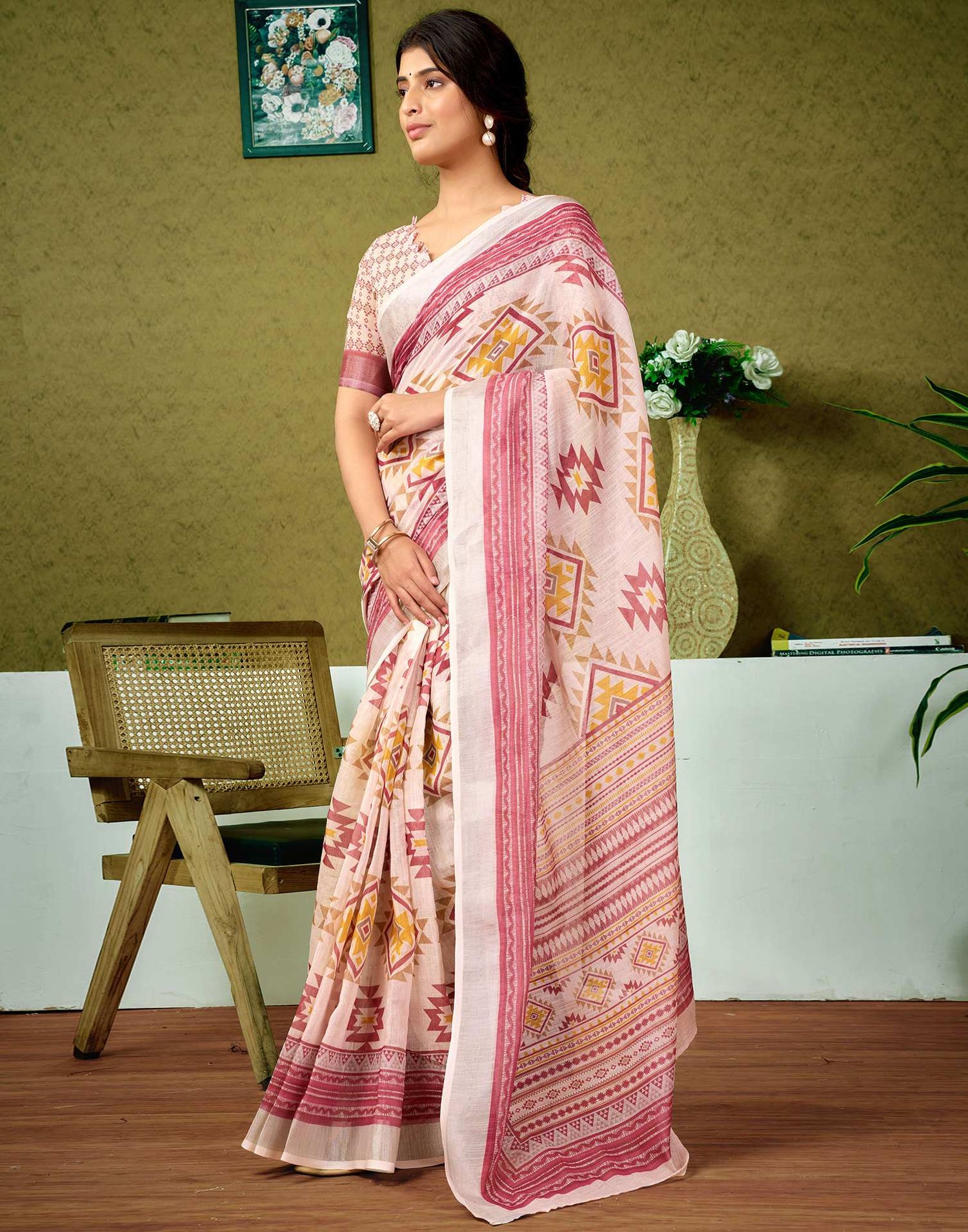 Ready To Wear Off White Printed Linen Saree