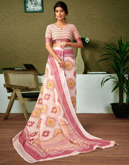 Ready To Wear Off White Printed Linen Saree