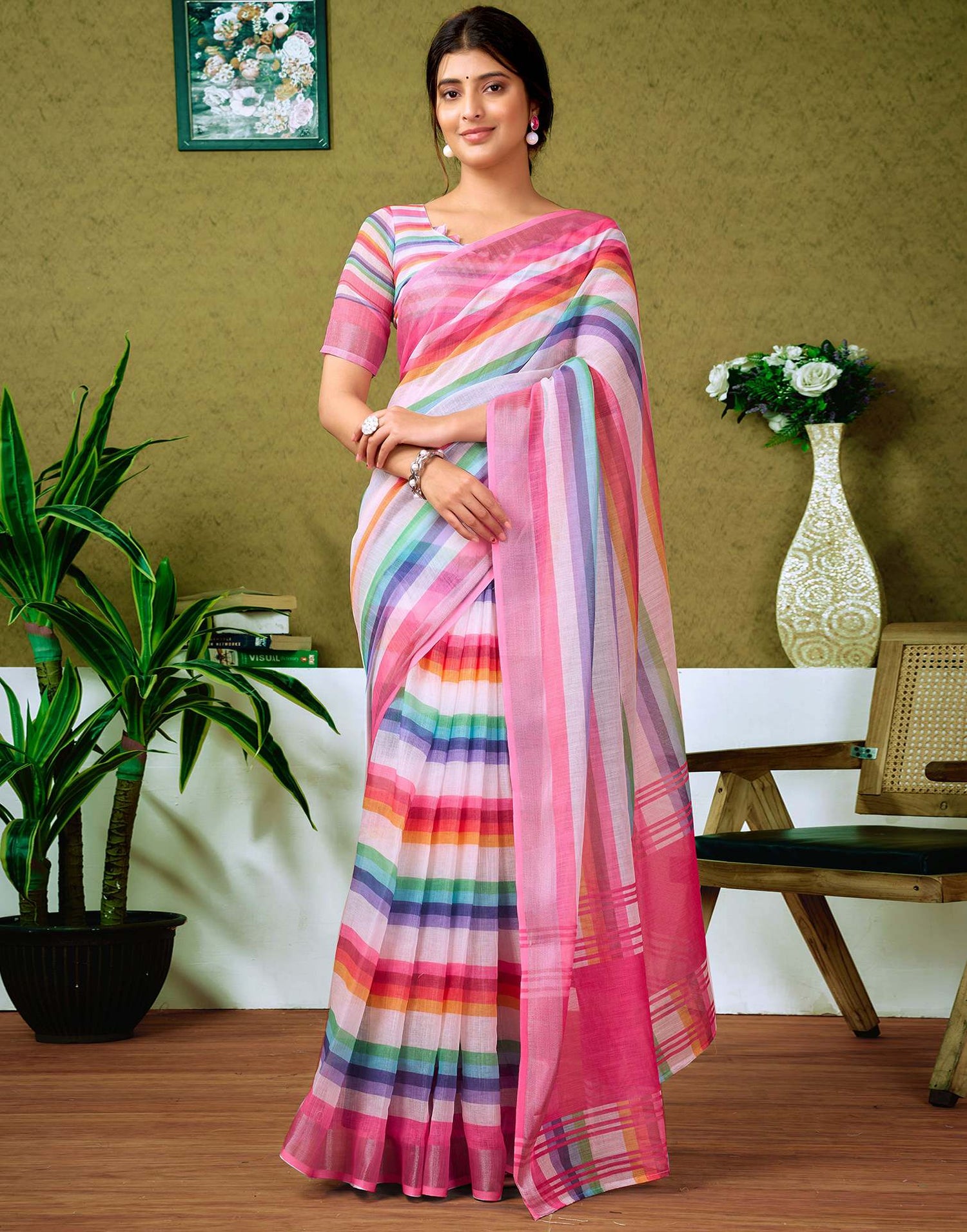 Ready To Wear Multicoloured Printed Linen Saree