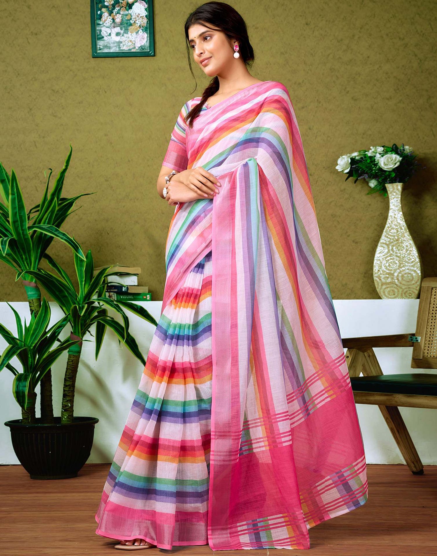 Ready To Wear Multicoloured Printed Linen Saree