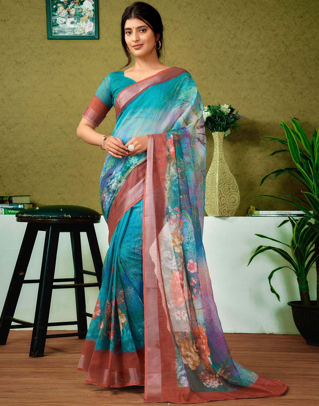 Ready To Wear Teal Green Printed Linen Saree