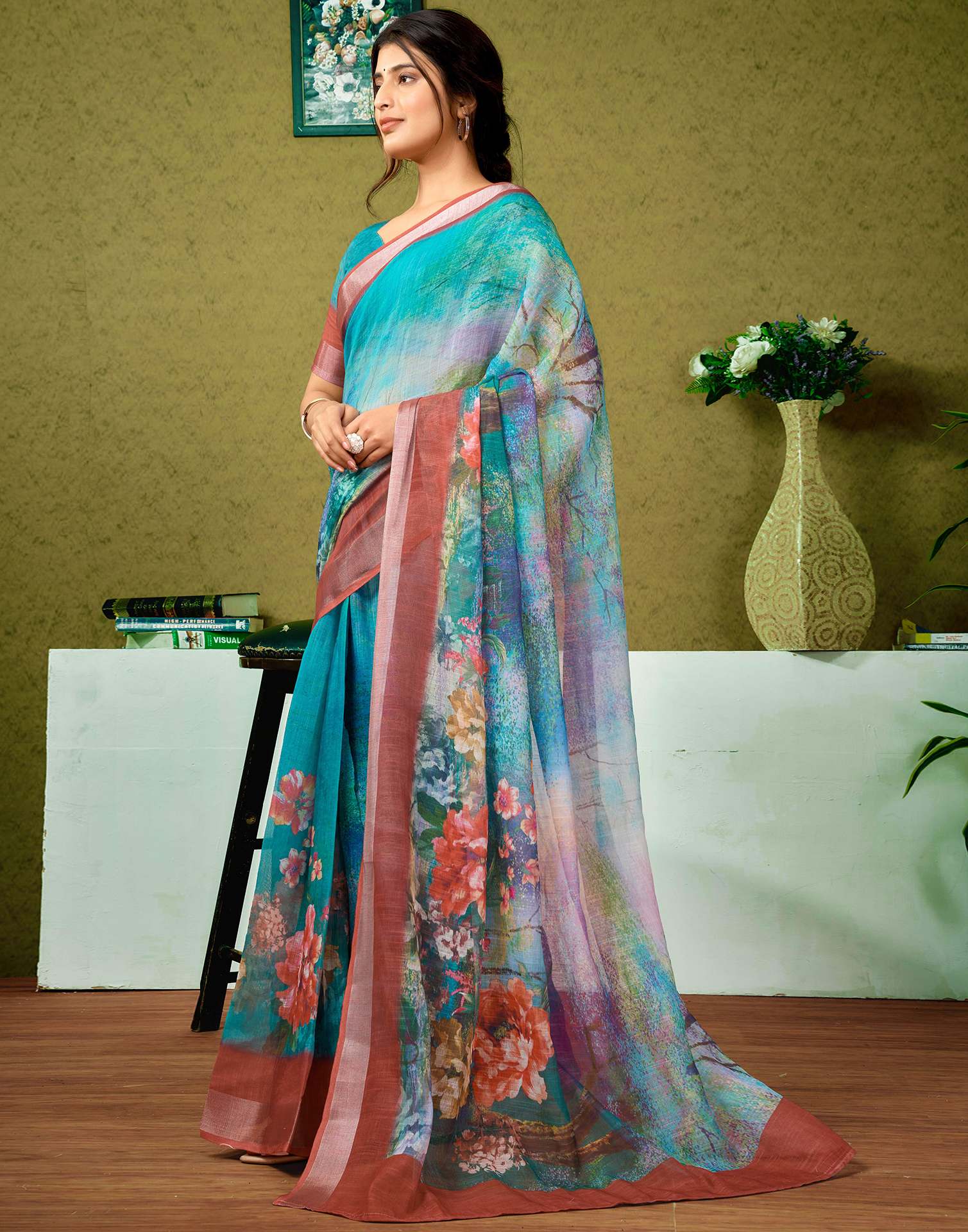 Ready To Wear Teal Green Printed Linen Saree