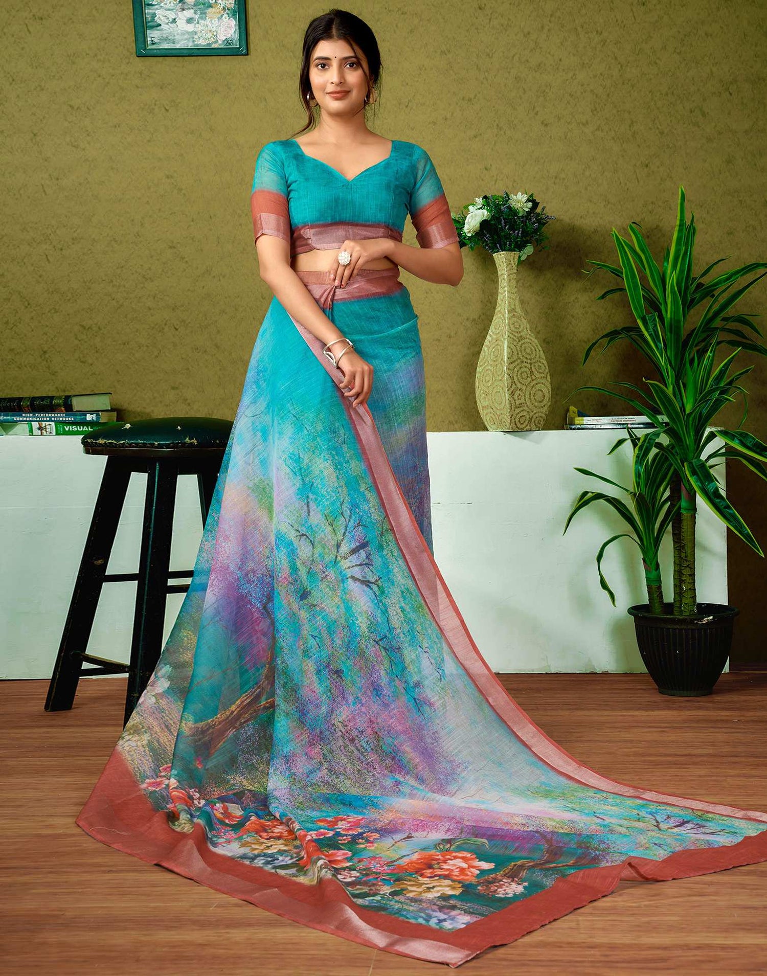 Ready To Wear Teal Green Printed Linen Saree