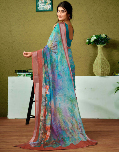 Ready To Wear Teal Green Printed Linen Saree