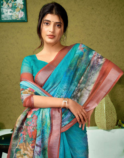 Ready To Wear Teal Green Printed Linen Saree