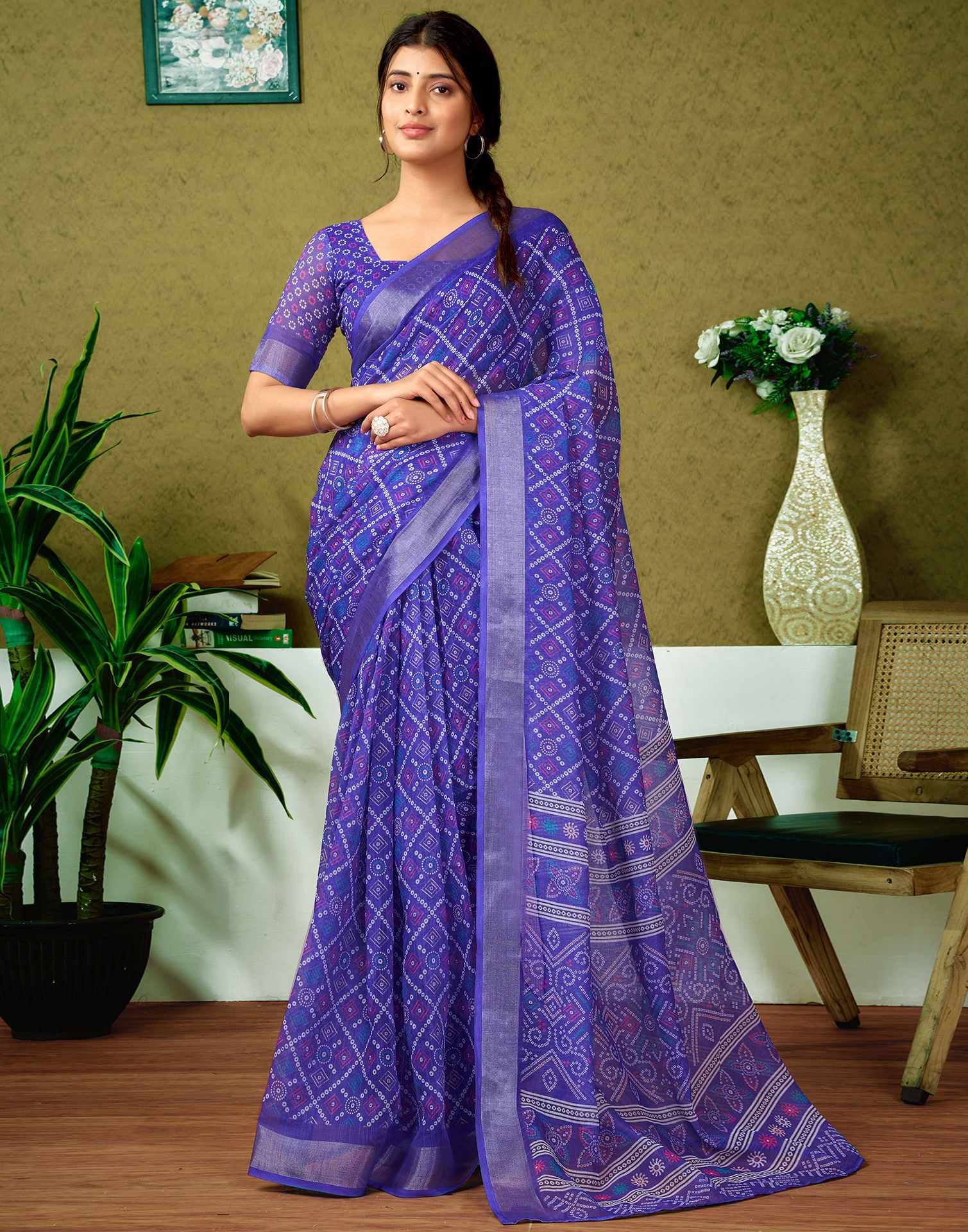 Ready To Wear Violet Printed Linen Saree