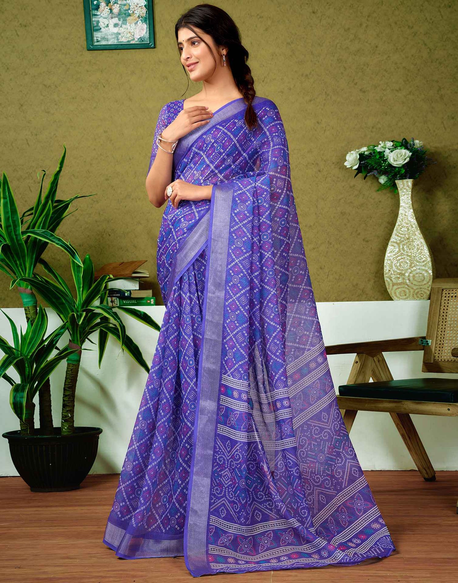 Ready To Wear Violet Printed Linen Saree