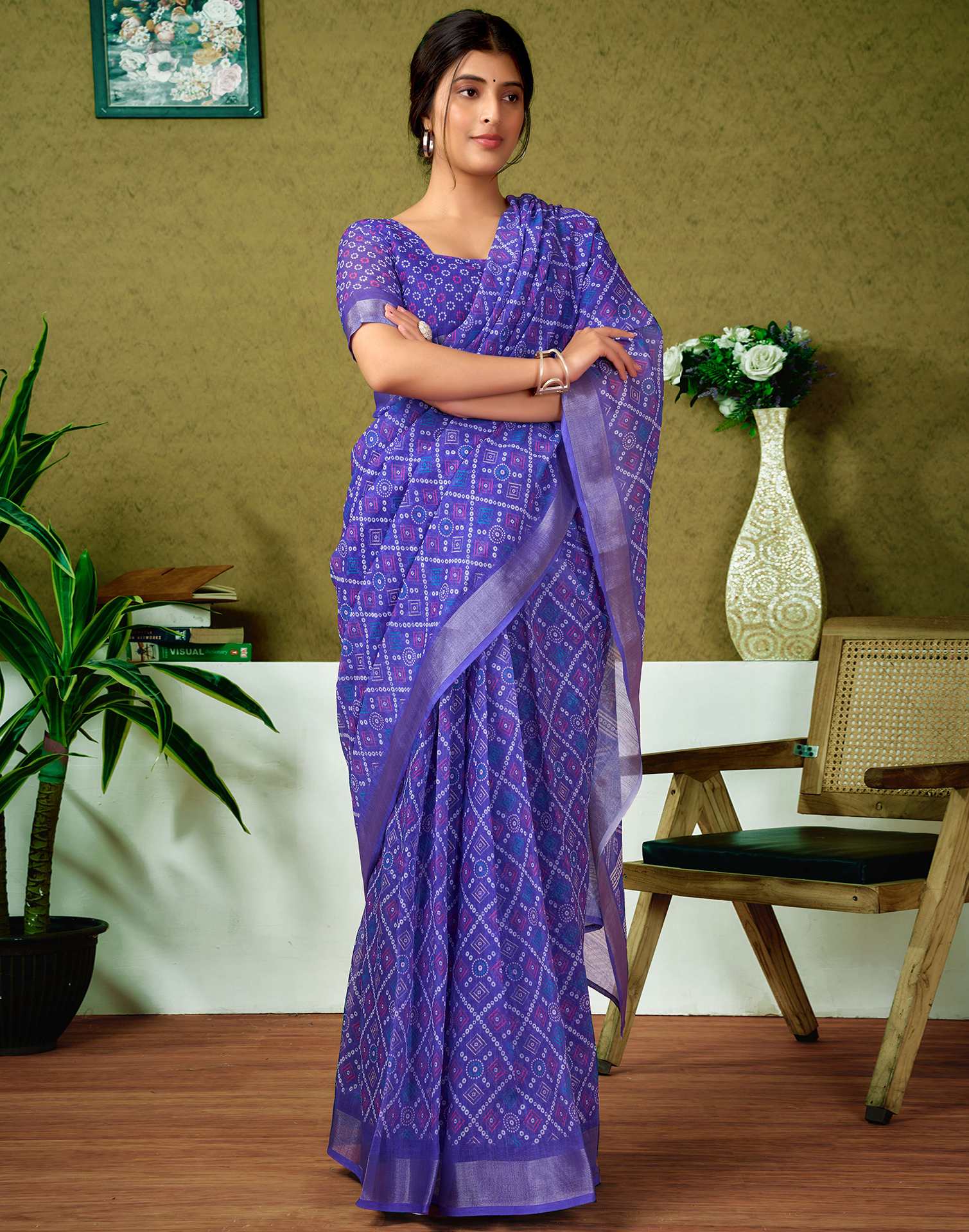 Ready To Wear Violet Printed Linen Saree