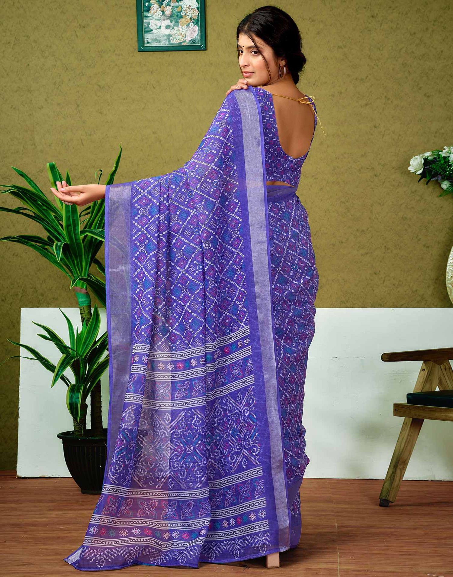 Ready To Wear Violet Printed Linen Saree