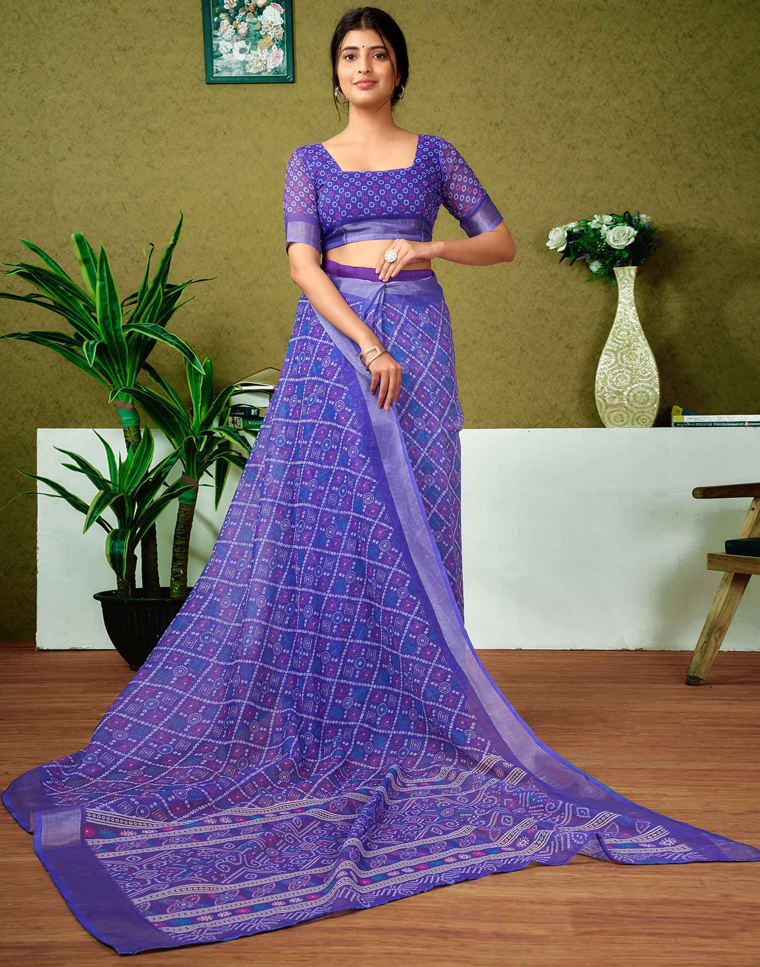 Ready To Wear Violet Printed Linen Saree