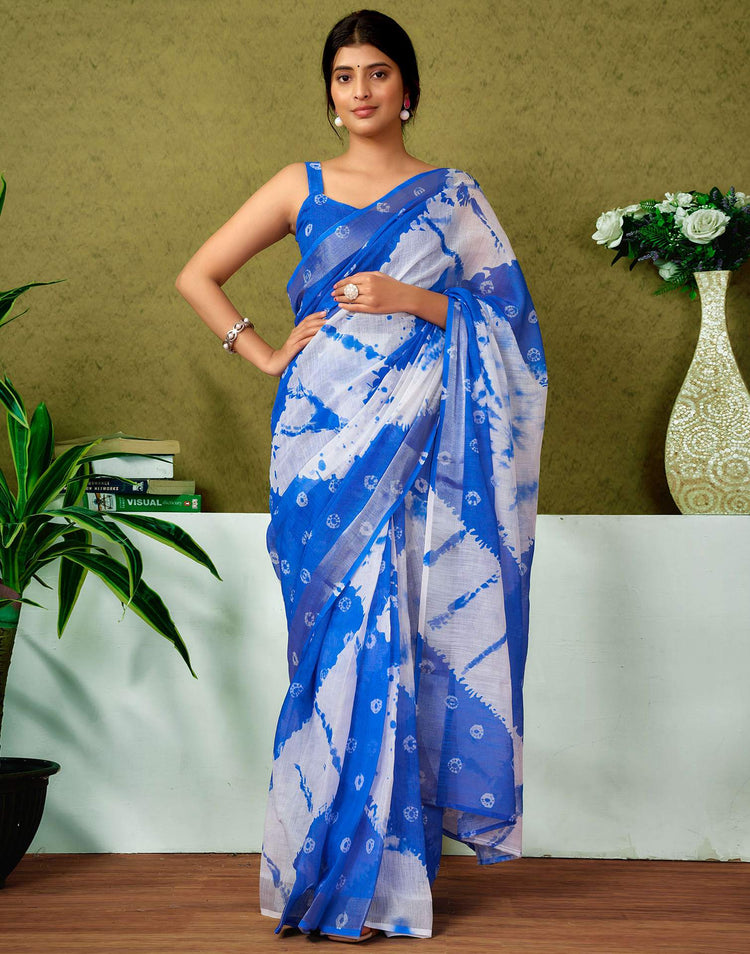 Ready To Wear Dark Blue Linen Dyed Printed Saree