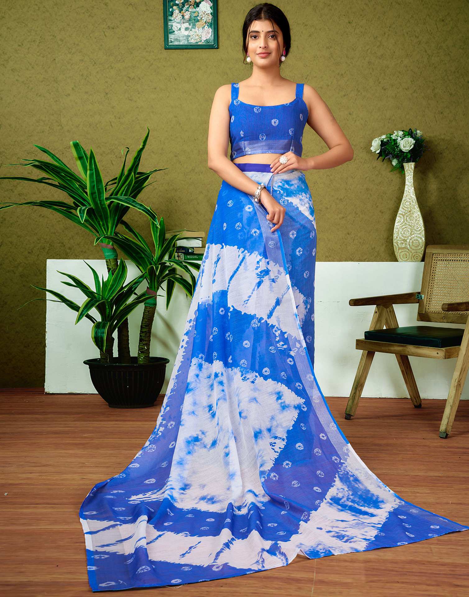 Ready To Wear Dark Blue Printed Linen Saree