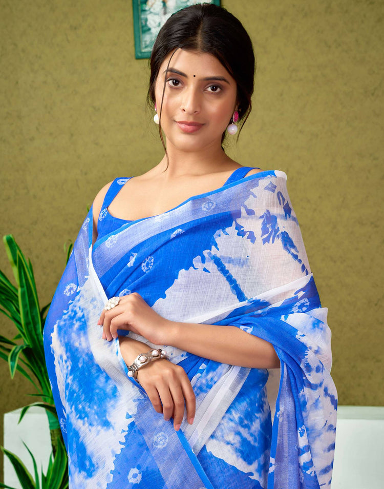 Ready To Wear Dark Blue Linen Dyed Printed Saree