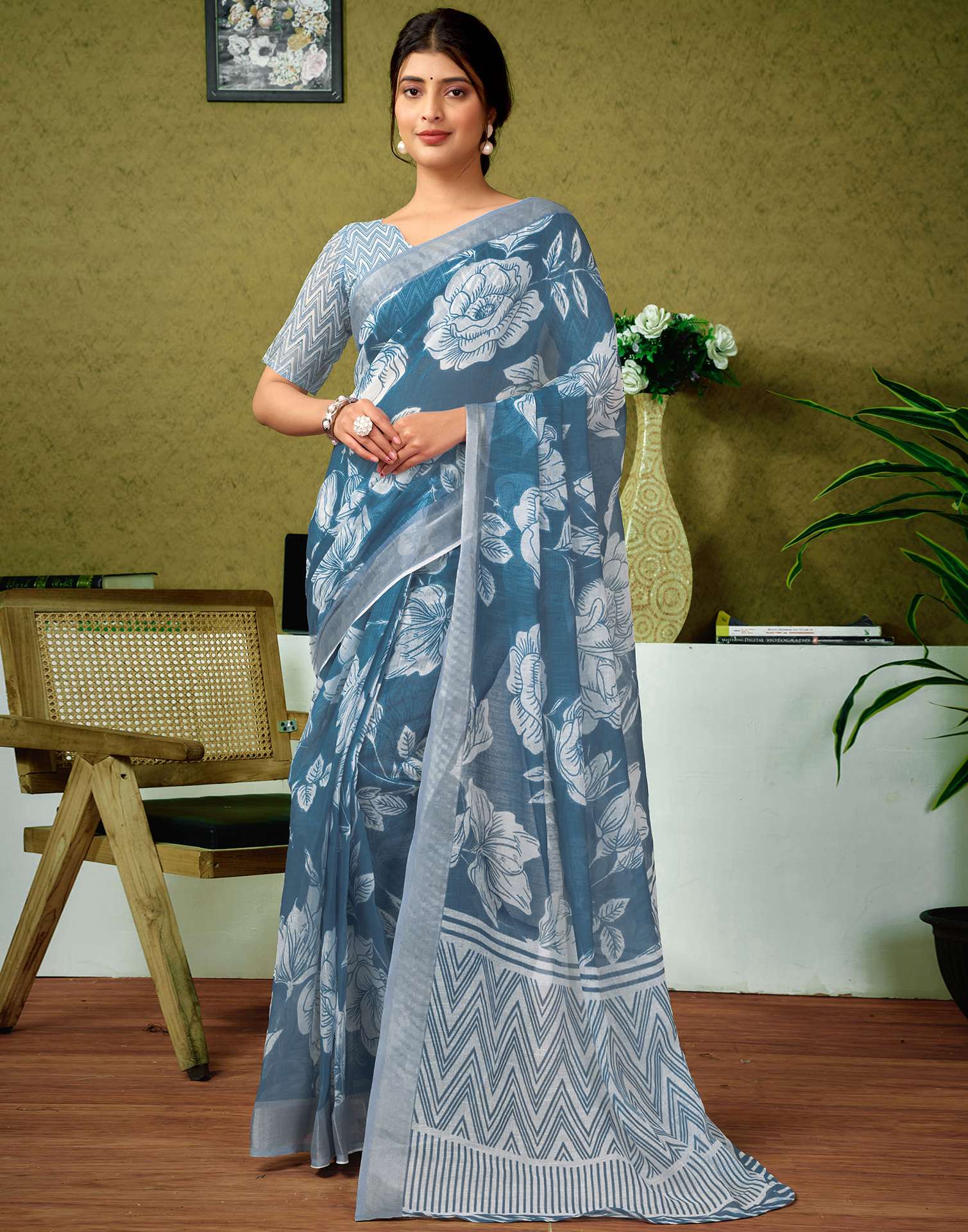 Ready To Wear Dusty Blue Printed Linen Saree