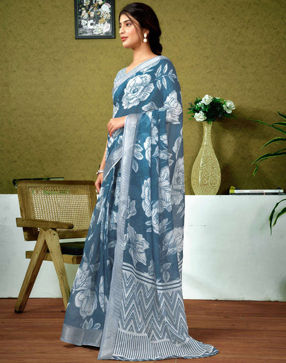 Ready To Wear Dusty Blue Printed Linen Saree