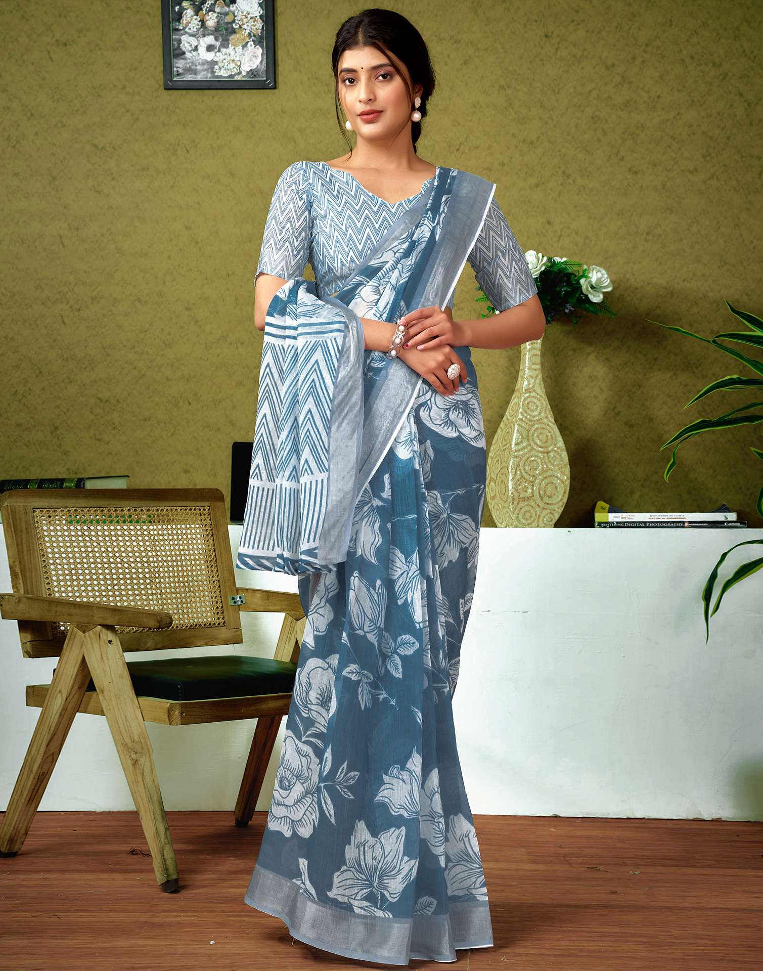 Ready To Wear Dusty Blue Printed Linen Saree