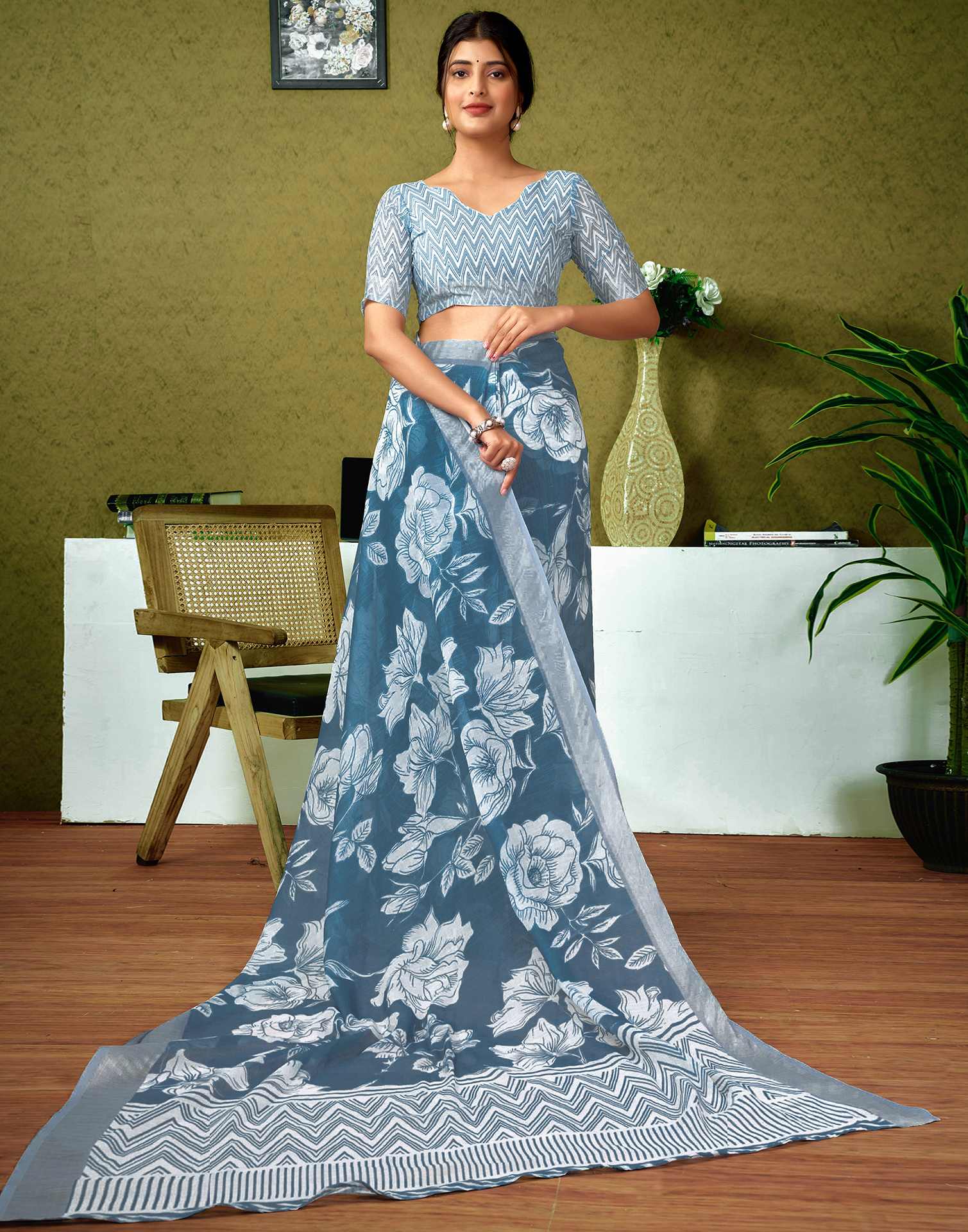 Ready To Wear Dusty Blue Printed Linen Saree