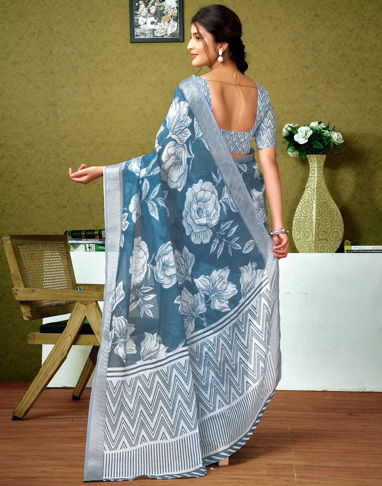 Ready To Wear Dusty Blue Printed Linen Saree