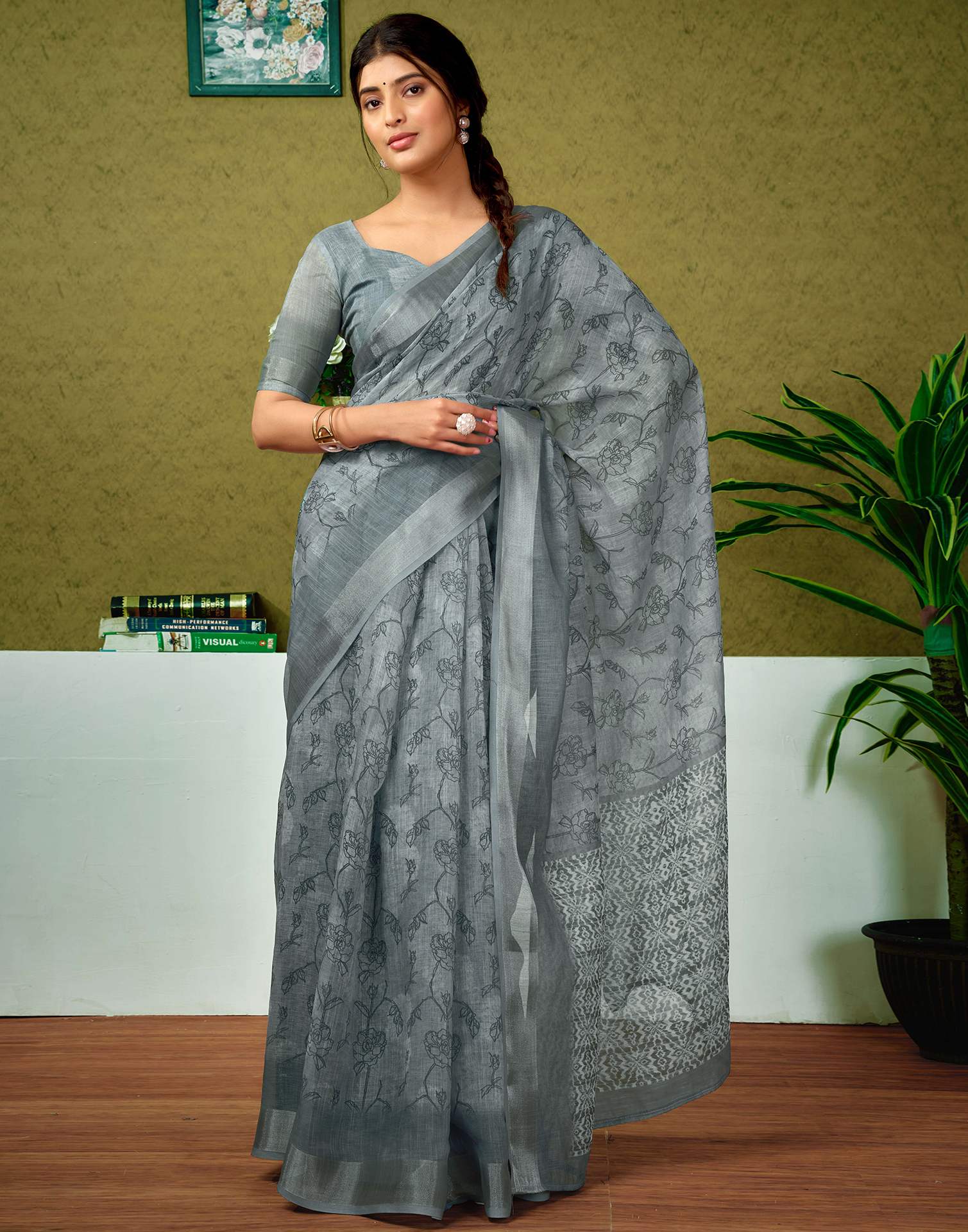 Ready To Wear Grey Printed Linen Saree