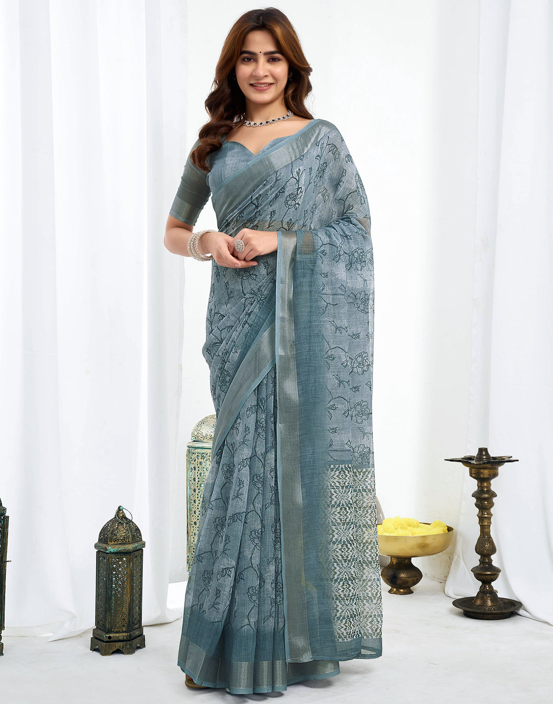 Ready To Wear Grey Printed Linen Saree