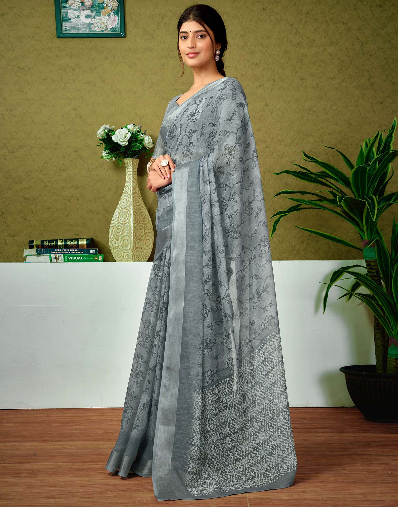 Ready To Wear Grey Printed Linen Saree