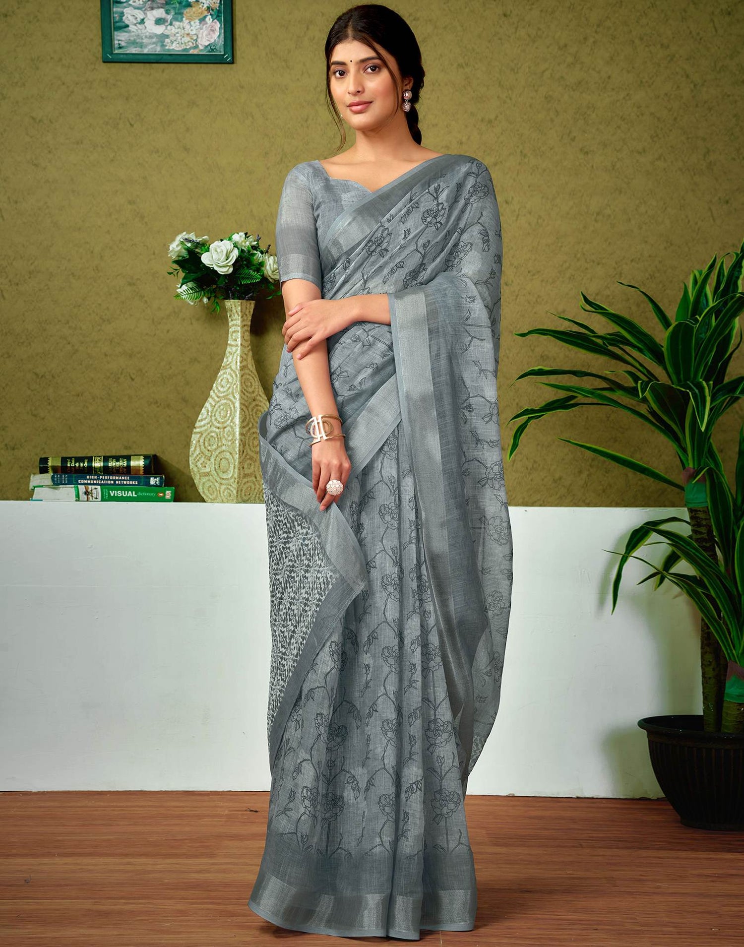 Ready To Wear Grey Printed Linen Saree