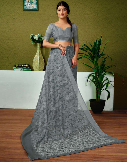 Ready To Wear Grey Printed Linen Saree