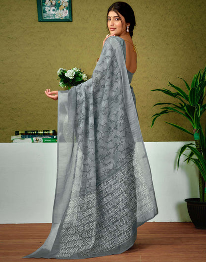 Ready To Wear Grey Printed Linen Saree