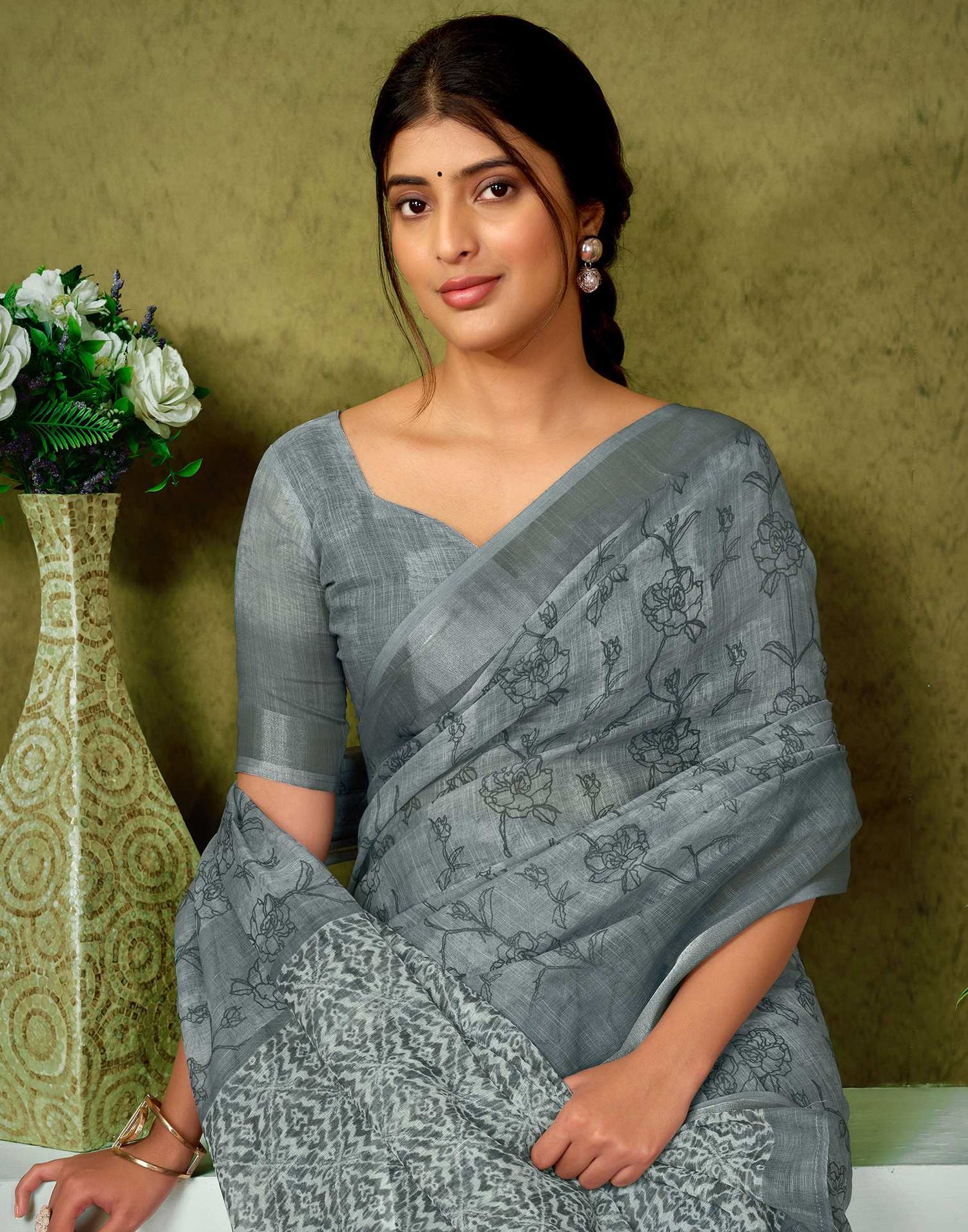 Ready To Wear Grey Printed Linen Saree