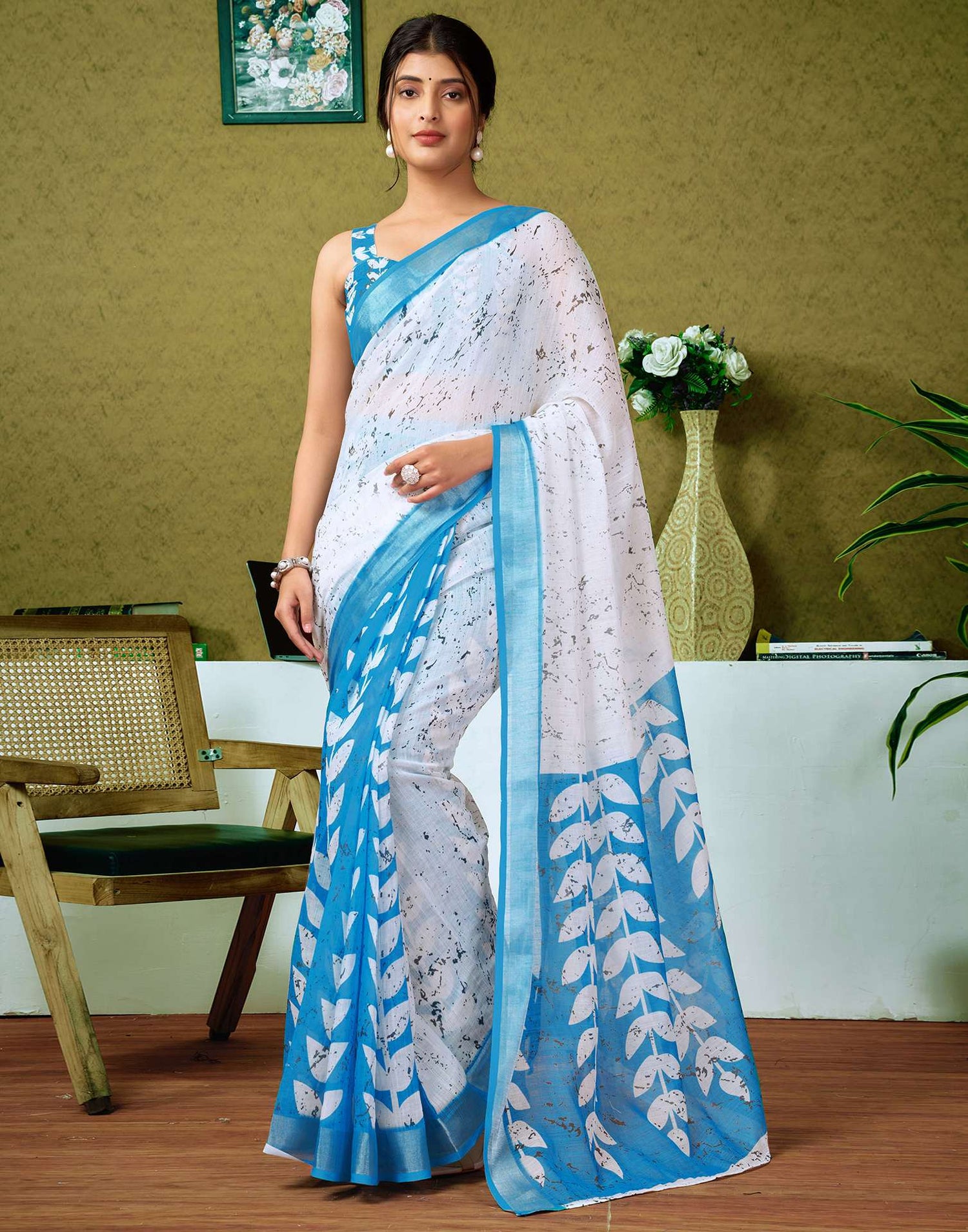 Ready To Wear White Printed Linen Saree