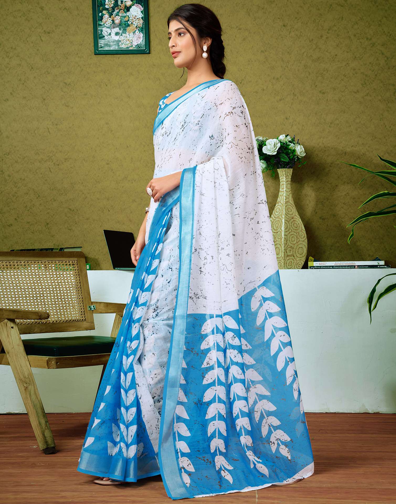 Ready To Wear White Printed Linen Saree