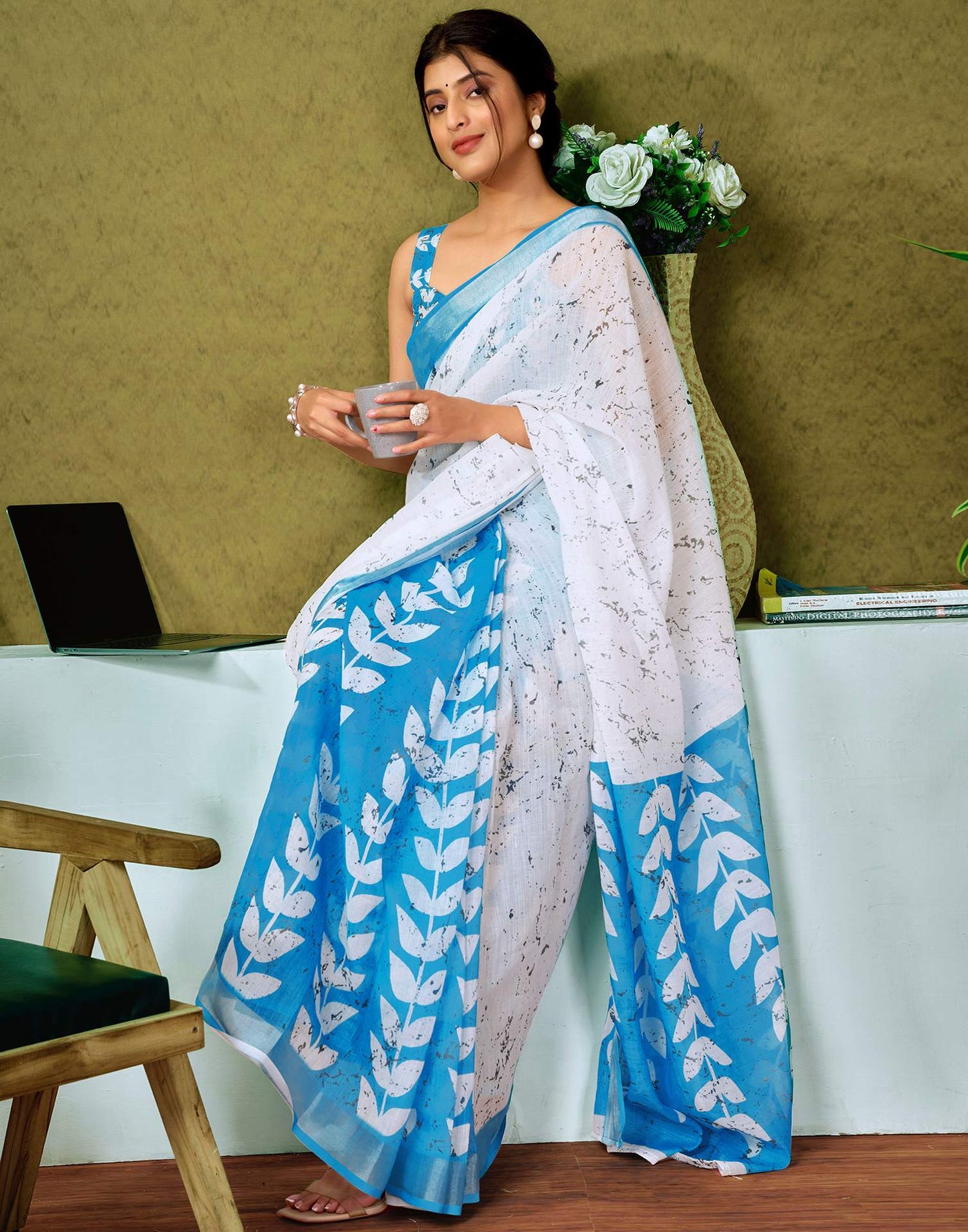 Ready To Wear White Printed Linen Saree