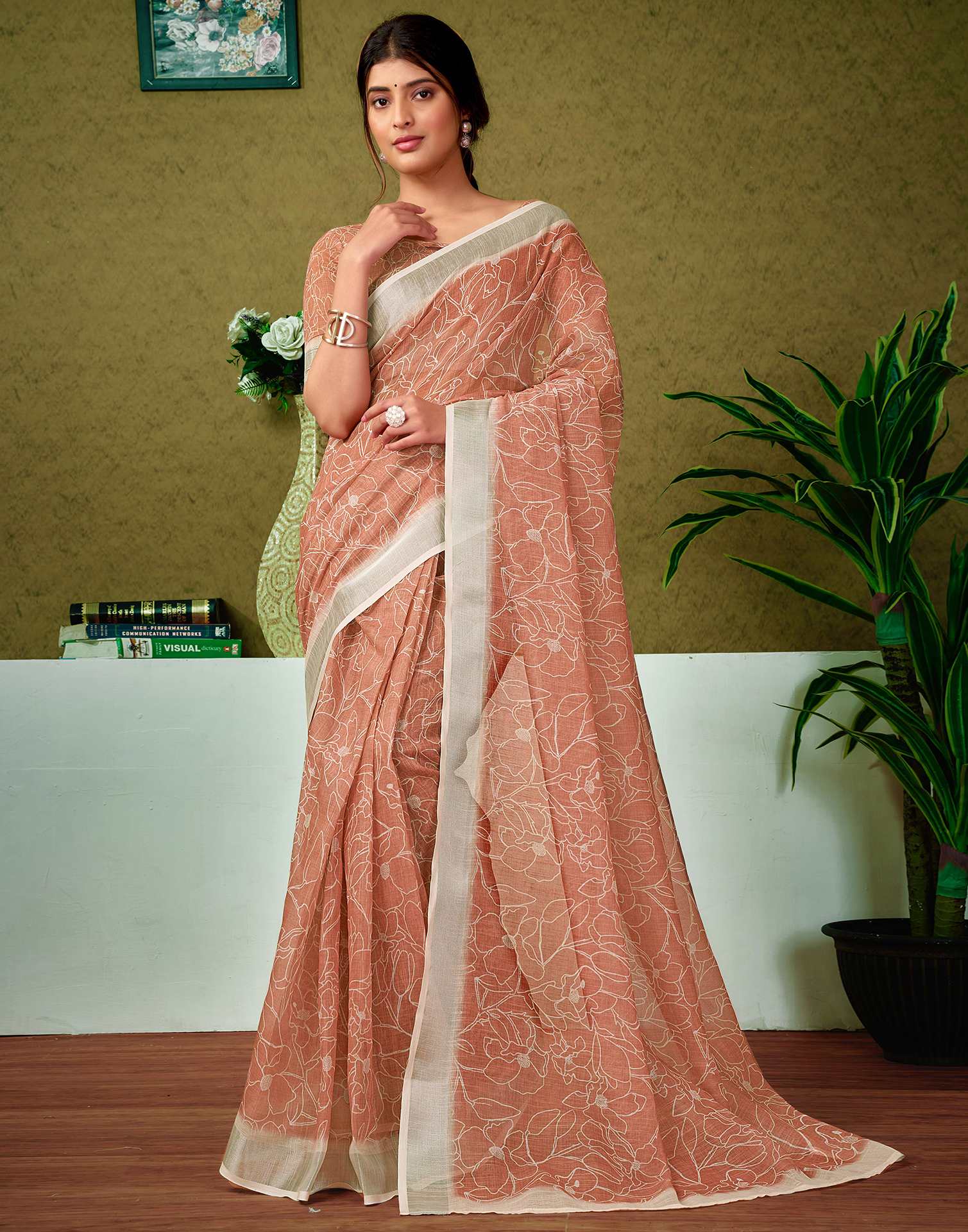 Ready To Wear Clay Brown Printed Linen Saree