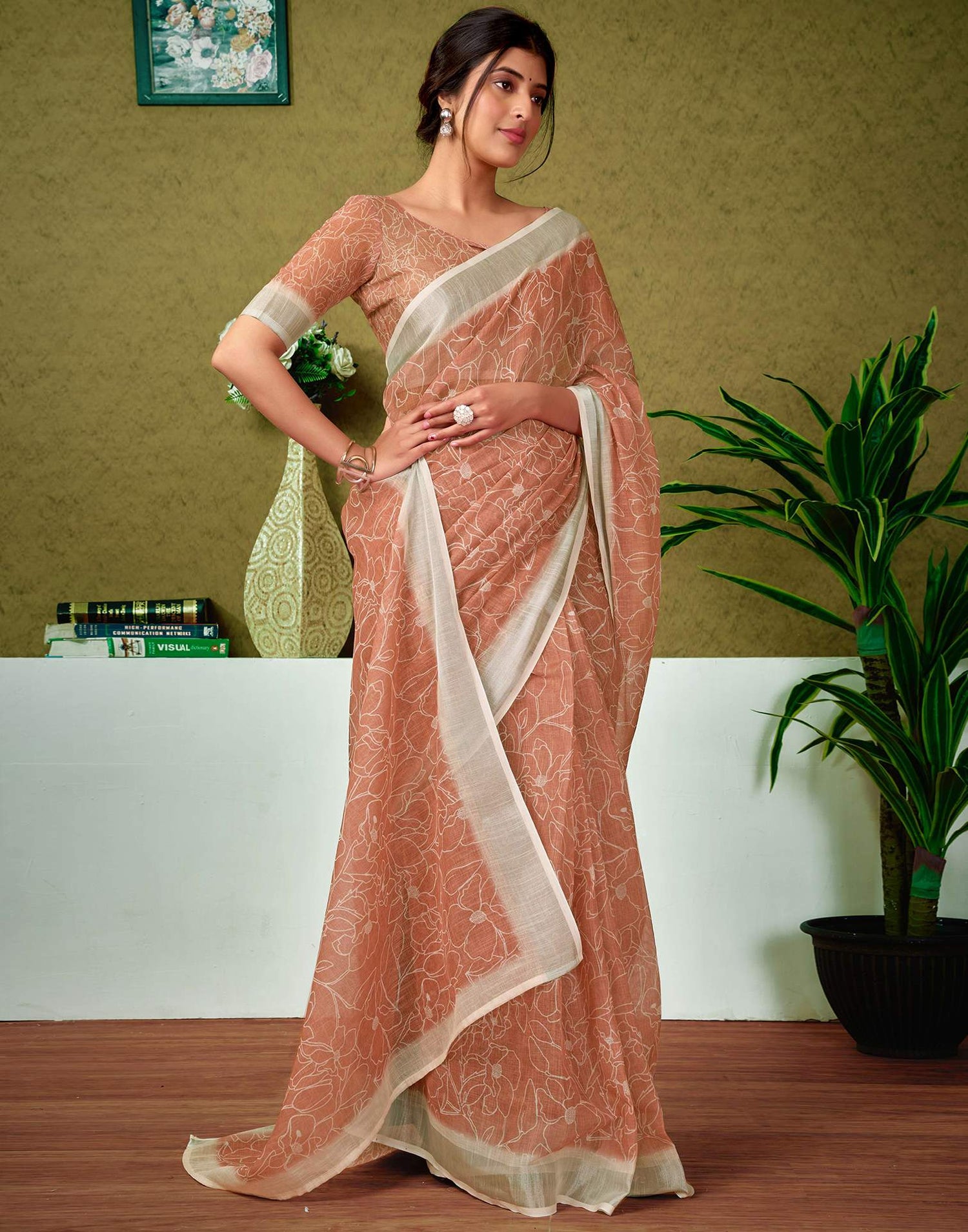 Ready To Wear Clay Brown Printed Linen Saree