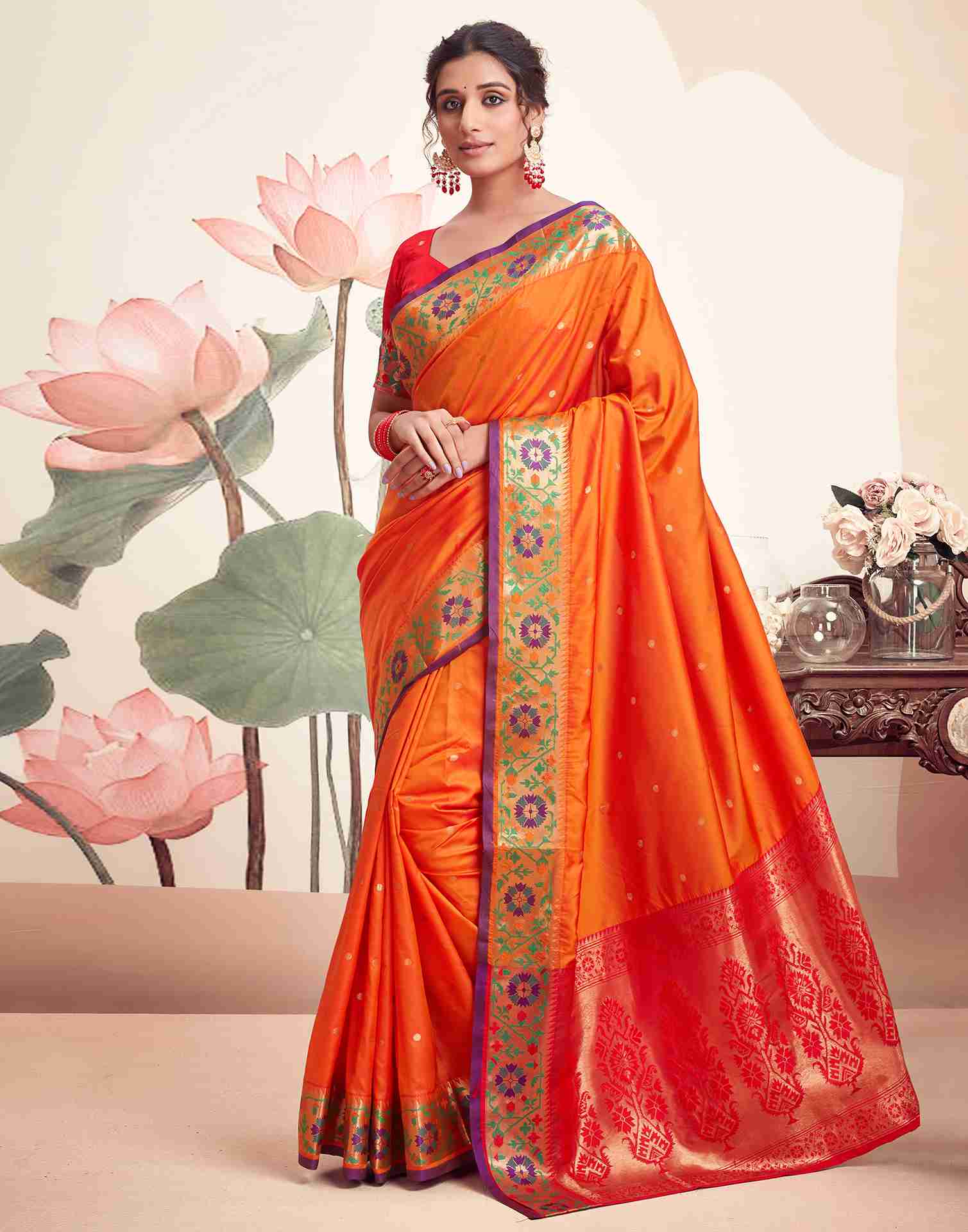 Orange Silk Plain Saree