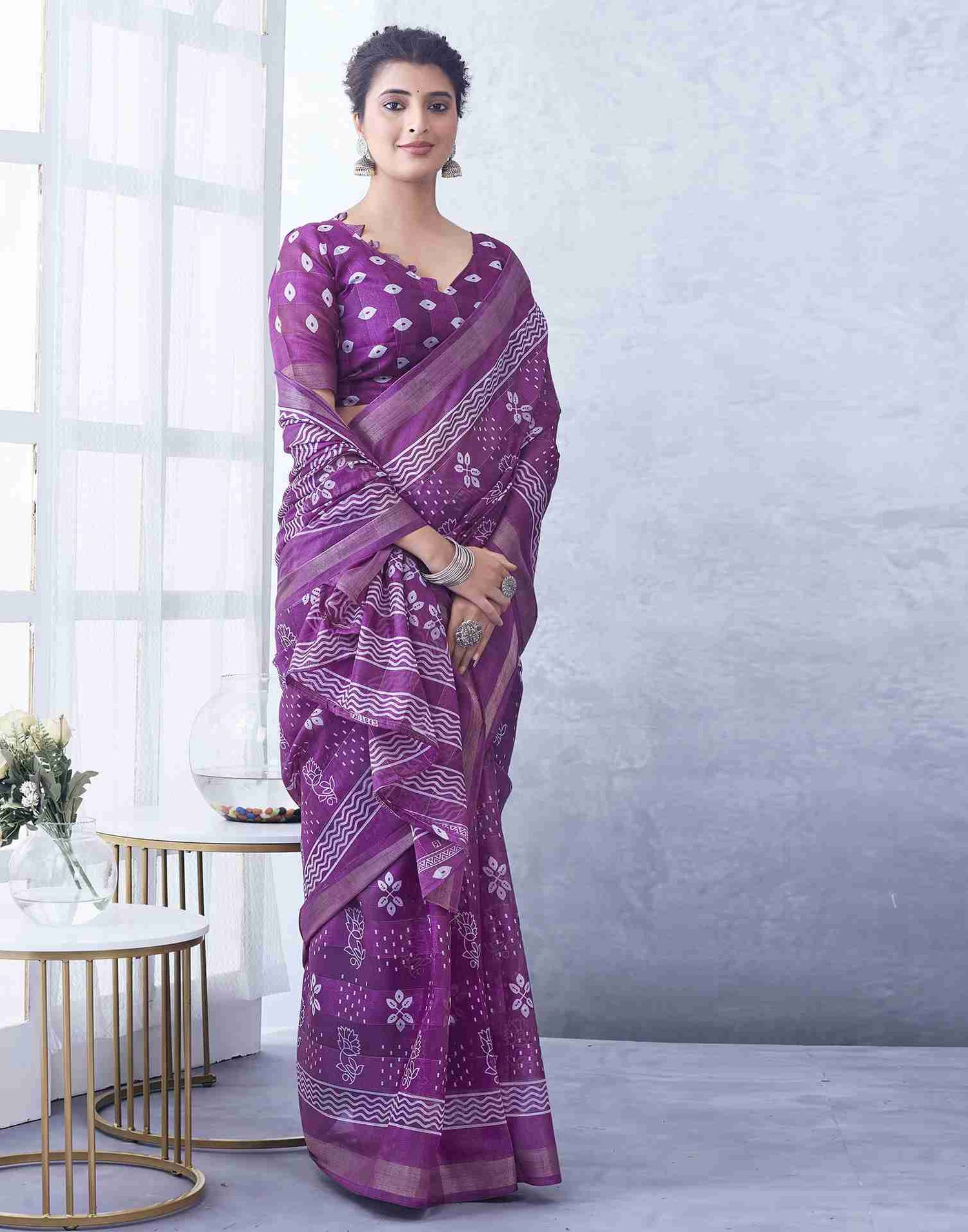 Purple Cotton Printed Saree